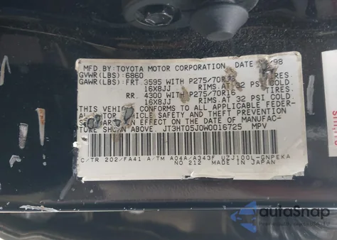 1998 Toyota Land Cruiser from USA, damaged, VIN JT3HT05J0W0016725